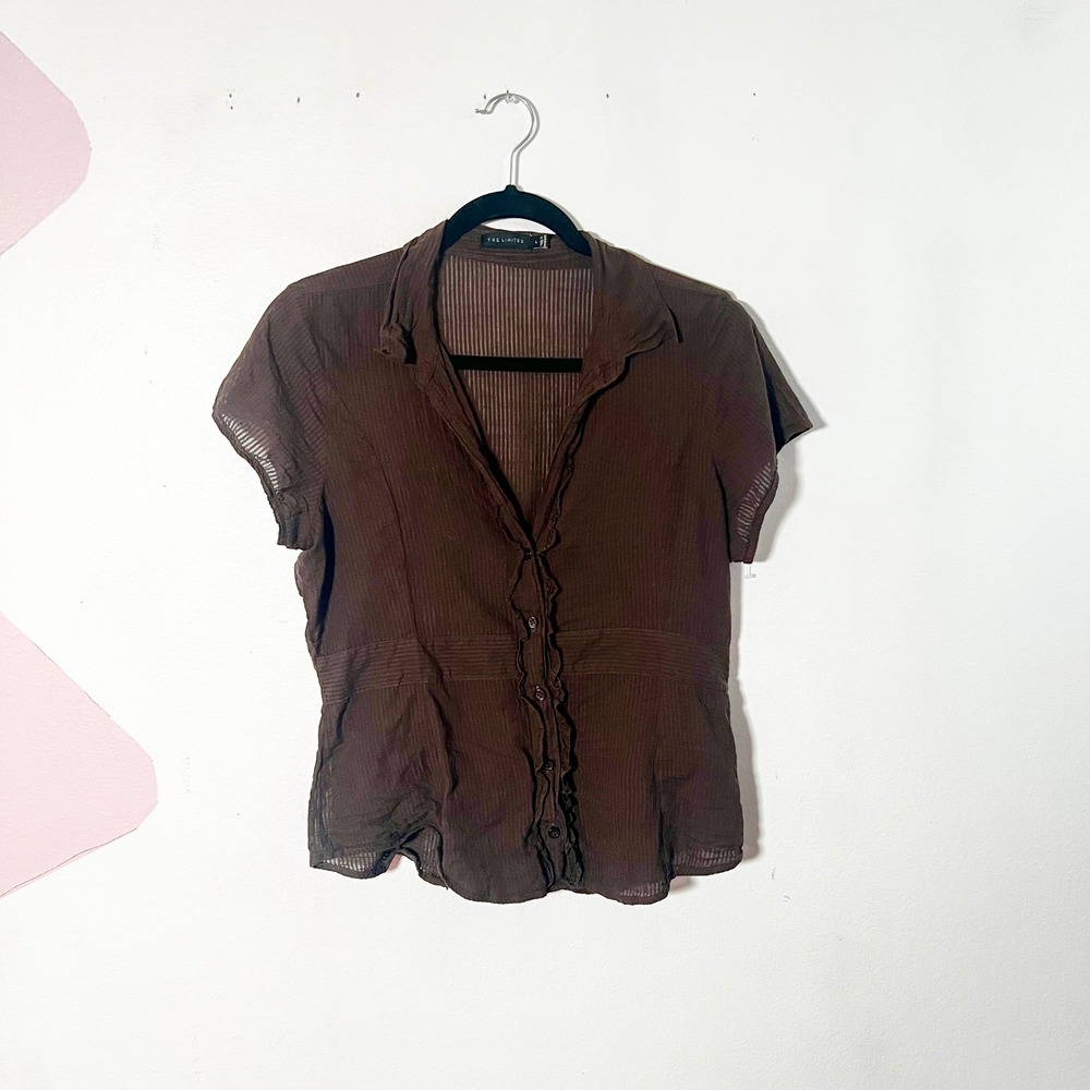 The Limited Ruffle Button Down Top Large Brown Sheer 100% Cotton